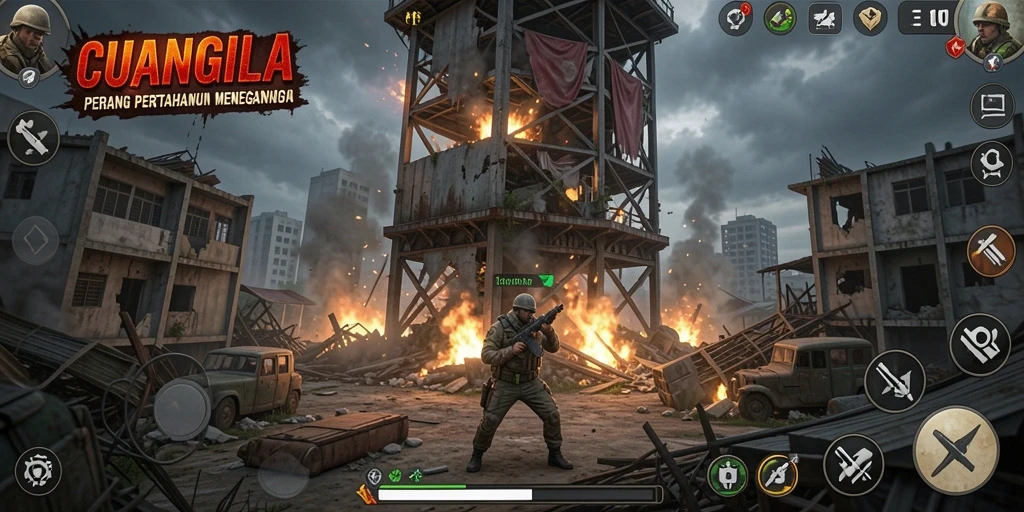Tangkapan layar gameplay CUANGILA dengan aksi Tower Defense yang mendebarkan.