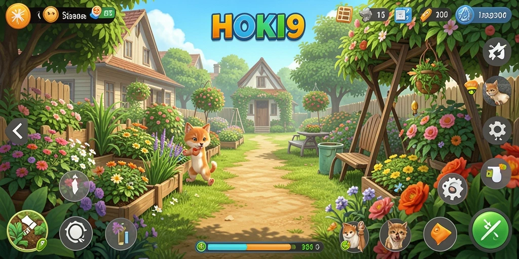 Screenshot HOKI9 menampilkan kebun hijau subur dengan berbagai tanaman.