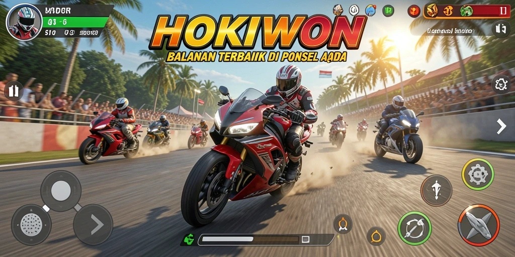 Screenshot HOKIWON menampilkan aksi balap motor yang mendebarkan.