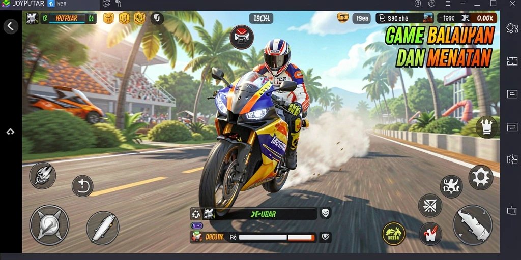 Screenshot gameplay JOYPOTAR menampilkan aksi balapan motor yang seru.
