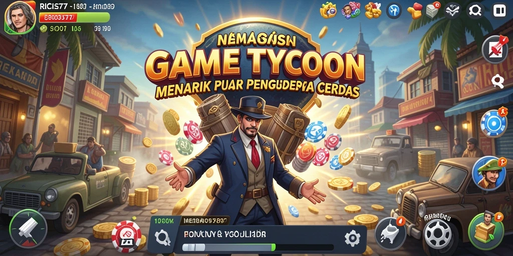 Tampilan gameplay RICIS77 dengan pengelolaan bisnis yang seru.