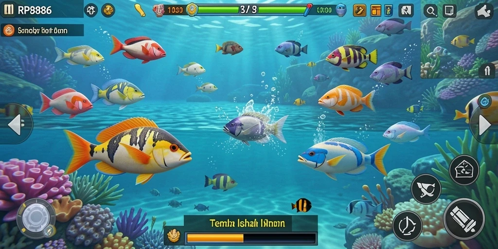 Gameplay seru RP886 dengan berbagai ikan yang menunggu untuk ditangkap.