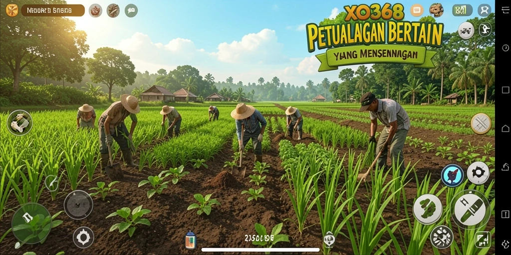 Tampilan gameplay <strong>XO368</strong> dengan ladang yang subur dan beragam tanaman.
