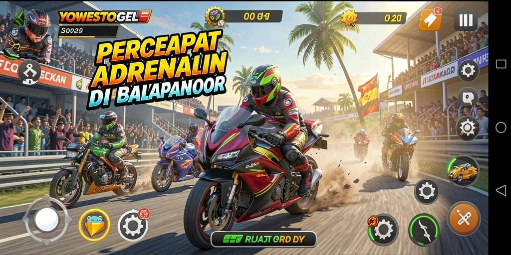 Screenshot gameplay YOWESTOGEL menunjukkan aksi balapan yang mendebarkan.